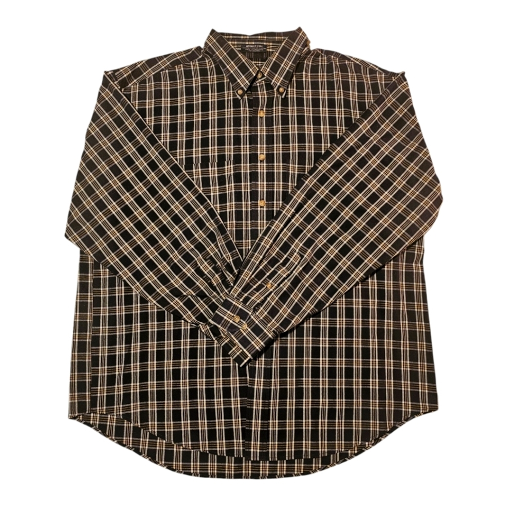 Van Heusen Men's LS Plaid Shirt XL 17-17½ Blue White Yellow Wrinkle Free
